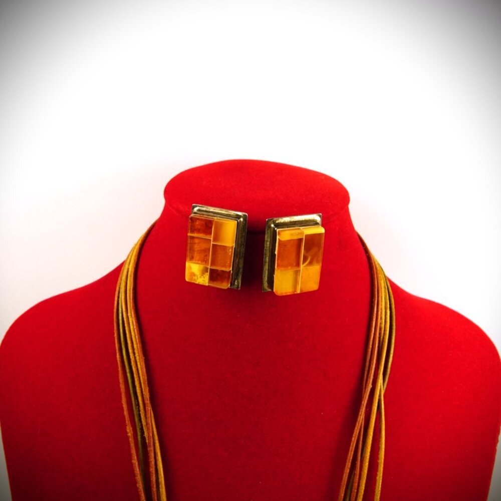 925 Silver and Mosaic Baltic Amber Set: Cross, Earrings, Multi Leather Cord - Picture 12 of 13
